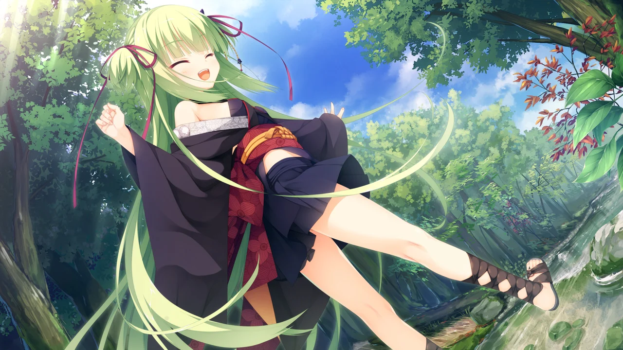 千恋万花丛雨角色场景，绿色长发少女在森林溪流边开朗微笑